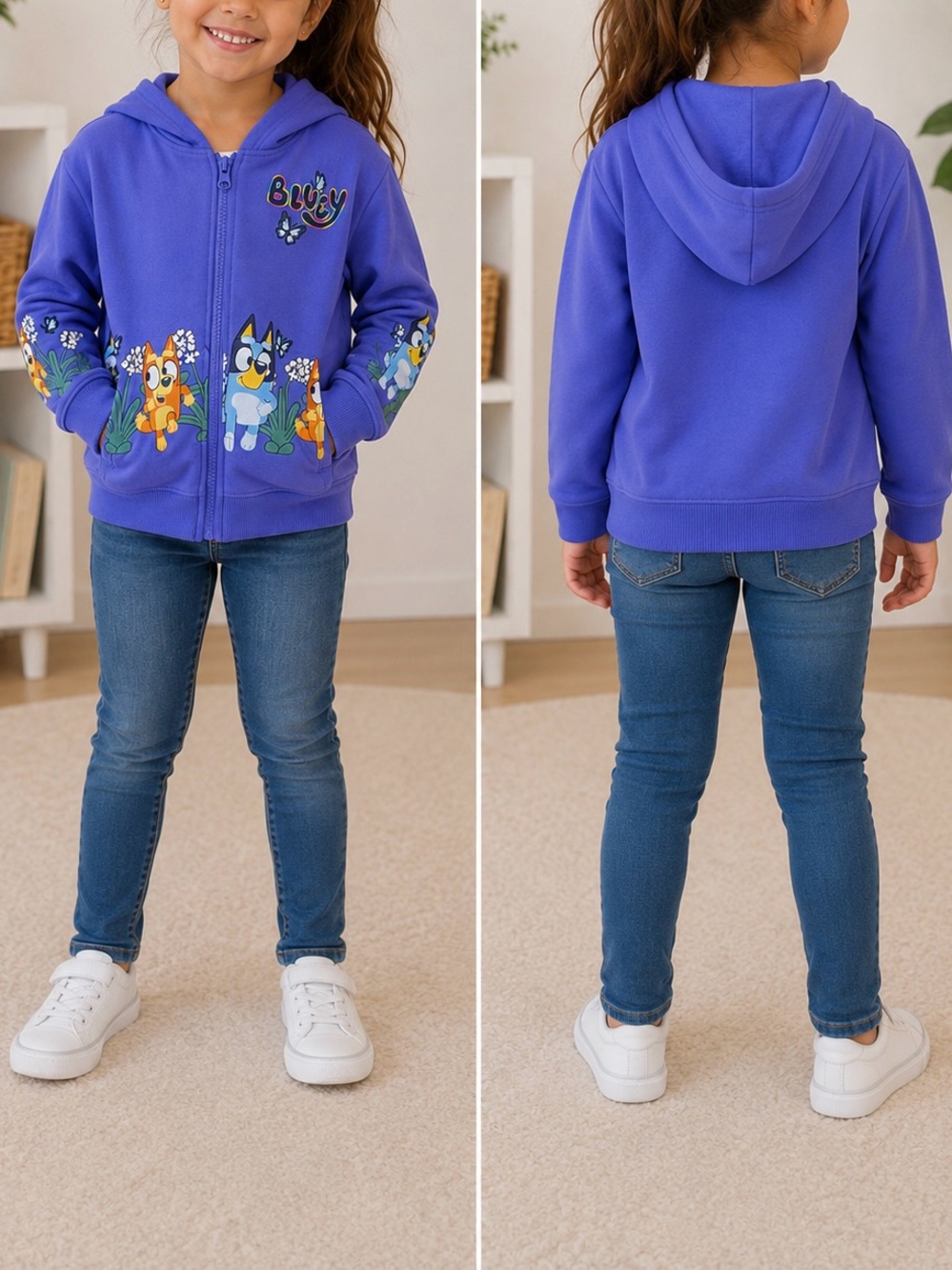 Kids Purple Zip-Up Hoodie with Playful Animal Print